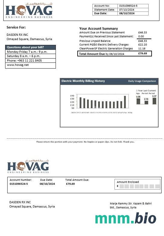 Syria Hovag Company electricity rachunek za usługi komunalne szablon w formacie Word i PDF
